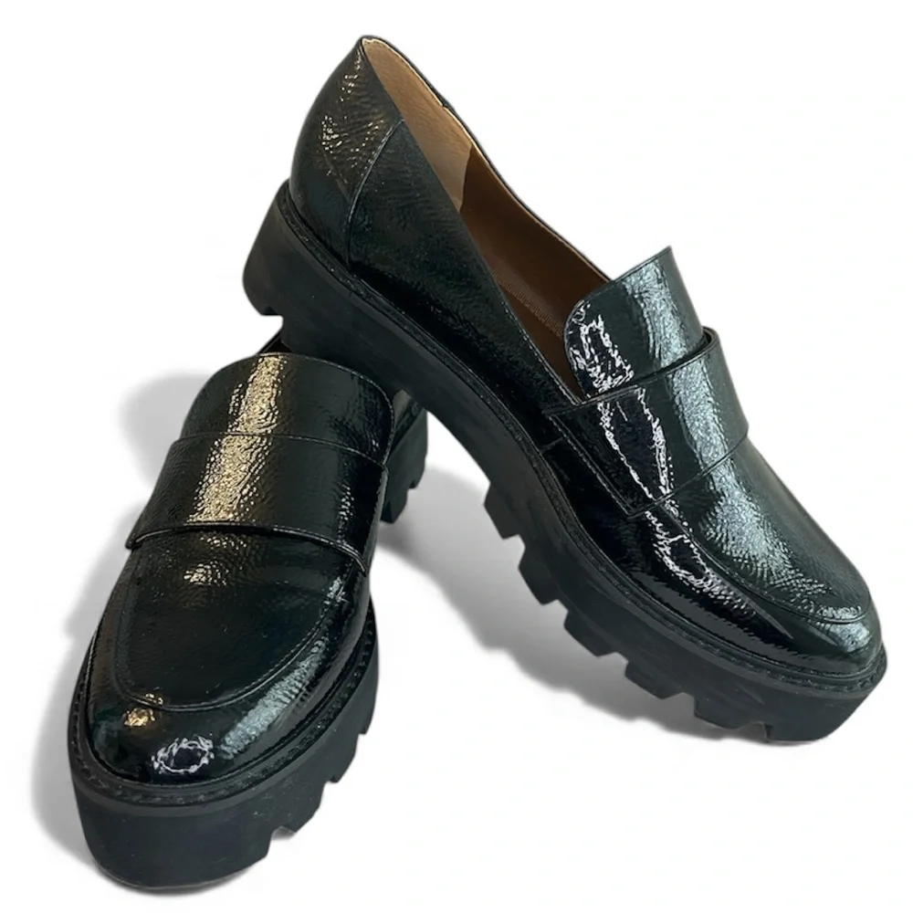 Franco Sarto Brindy Black Patent Pebbled Leather Chunky Platform Loafer Y2K Goth - Picture 2 of 11